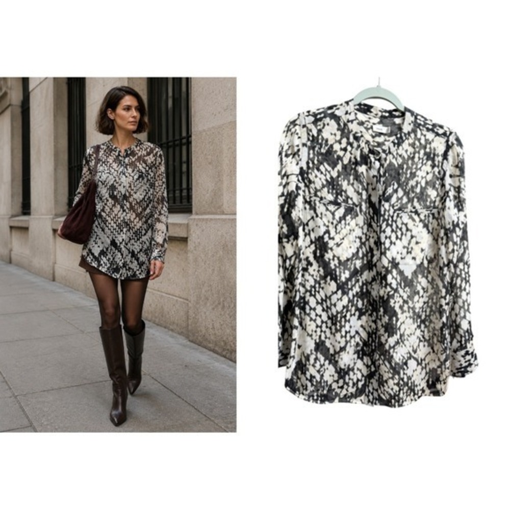 Vince Silk Blouse Abstract Print Band Collar Button Front Black White 10 Grunge
